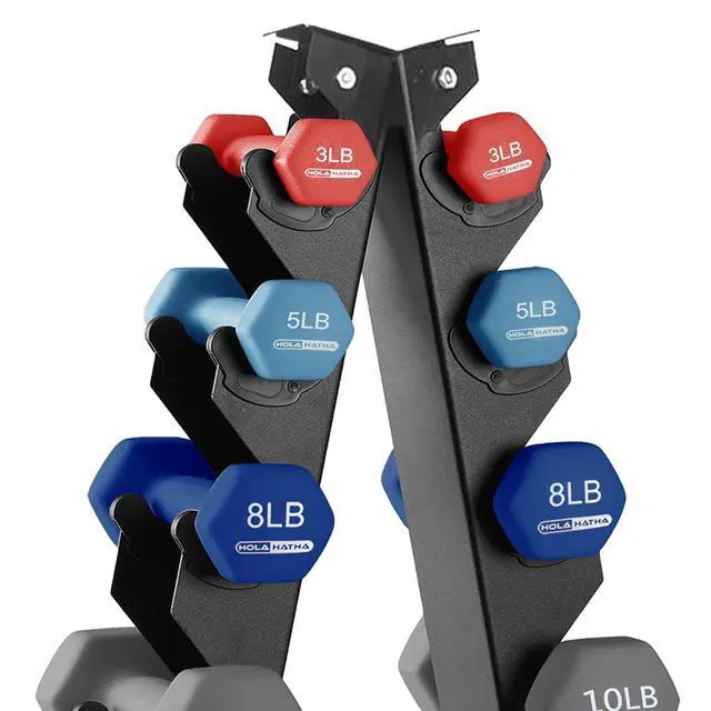Alt view image 7 of 7 - HolaHatha 1, 2 and 3 lb Neoprene Dumbbell Strength Training Weight Set with Rack