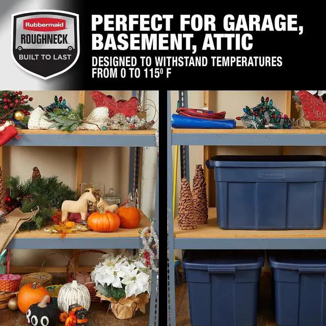 Alt view image 5 of 6 - Rubbermaid Roughneck Tote 31 Gal, 3 Pack, Made in USA, Dark Indigo Metallic, Rugged Plastic Stackable Storage Bins with Lids and Handles