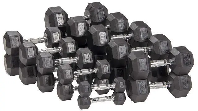 Alt view image 4 of 4 - Signature Fitness Rubber Coated Hex Dumbbells Hand Weights for Exercises and Fitness Home Gym, 5-50 lbs, Pairs