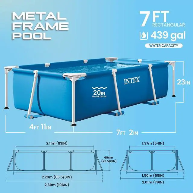 Alt view image 3 of 7 - INTEX Rectangular Frame 7 ft 2 in x 4 ft 11 in x 23 in Above Ground Pool, Swimming Pool with Steel Frame, Pump Not Included | 28270EH - Pool Only (Pump Not Included)