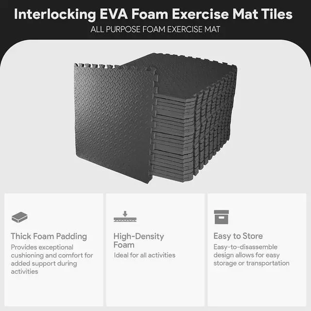 Alt view image 2 of 7 - BalanceFrom Puzzle Exercise Mat 3/4-inch Thick, EVA Interlocking Foam Floor | Tiles for Home Gym, Studio, or Playroom Flooring, Black, 24 in x 24 in x 3/4 in, 96 Sq Ft - 24 Tiles