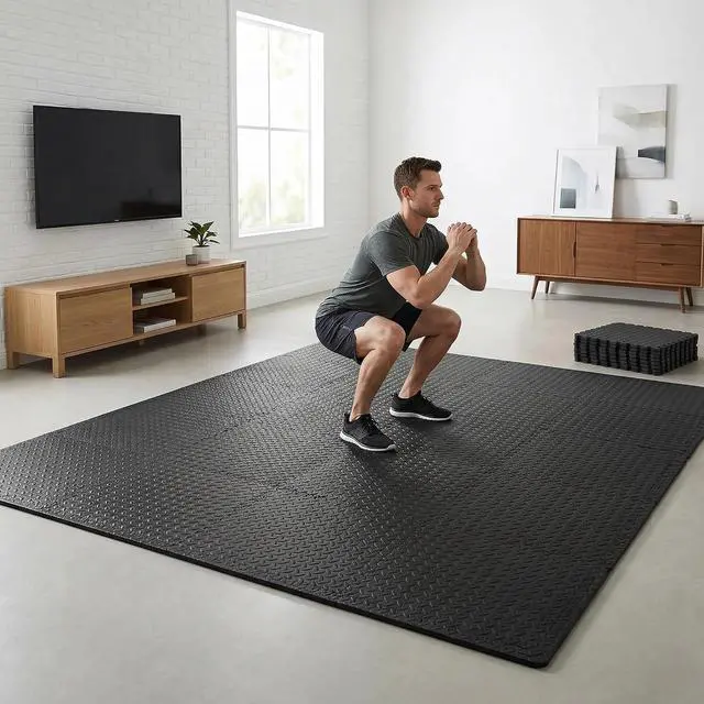 Alt view image 6 of 7 - BalanceFrom Puzzle Exercise Mat 3/4-inch Thick, EVA Interlocking Foam Floor | Tiles for Home Gym, Studio, or Playroom Flooring, Black, 24 in x 24 in x 3/4 in, 96 Sq Ft - 24 Tiles