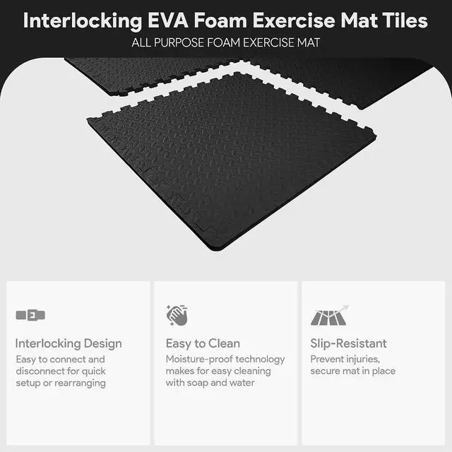 Alt view image 3 of 7 - BalanceFrom Puzzle Exercise Mat 3/4-inch Thick, EVA Interlocking Foam Floor | Tiles for Home Gym, Studio, or Playroom Flooring, Black, 24 in x 24 in x 3/4 in, 96 Sq Ft - 24 Tiles