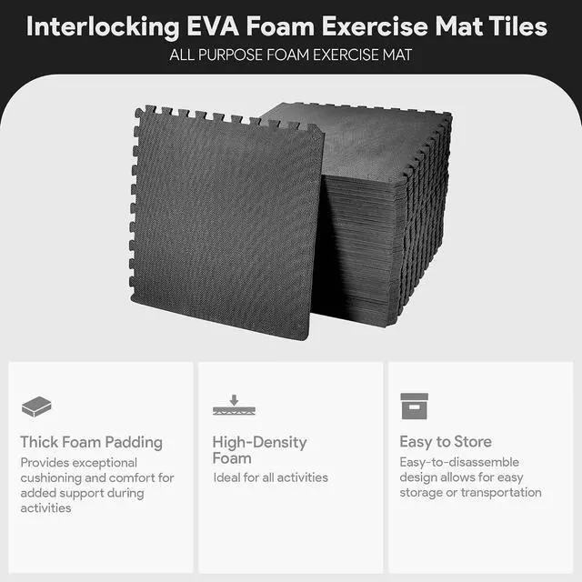 Alt view image 2 of 7 - BalanceFrom Puzzle Exercise Mat 1/2-inch Thick, EVA Interlocking Foam Floor | Tiles for Home Gym, Studio, or Playroom Flooring, Black, 24 in x 24 in x 1/2 in, 144 Sq Ft - 36 Tiles
