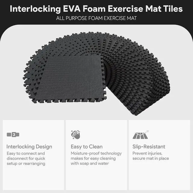 Alt view image 3 of 7 - BalanceFrom Puzzle Exercise Mat 1/2-inch Thick, EVA Interlocking Foam Floor | Tiles for Home Gym, Studio, or Playroom Flooring, Black, 24 in x 24 in x 1/2 in, 144 Sq Ft - 36 Tiles