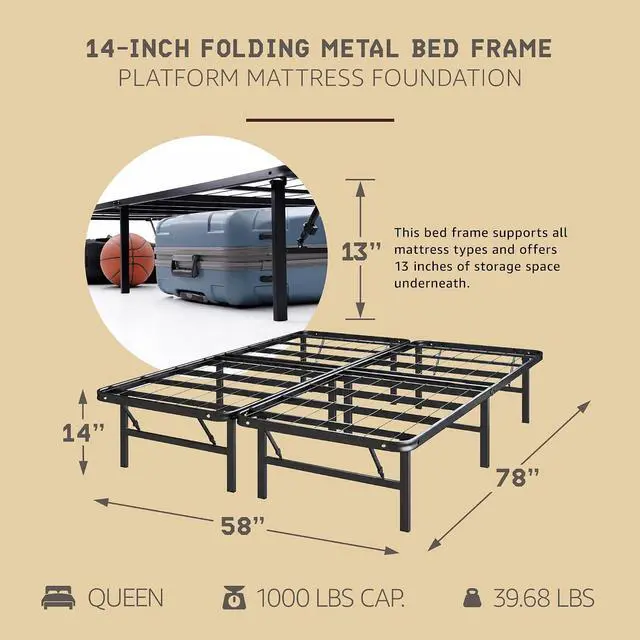 Alt view image 3 of 7 - Hercules Folding Metal Bed Frame, 14" Platform Mattress Foundation, No Box Spring Needed, Queen