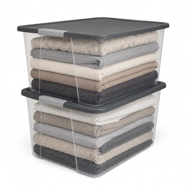 Alt view image 2 of 7 - HOMZ 4-Pack Secure Latch, Clear Plastic Storage Organizer Bins, 64 Quart, Gray Lid - Stackable Container Boxes for Bedroom, Bathroom, Garage, and Office Organization