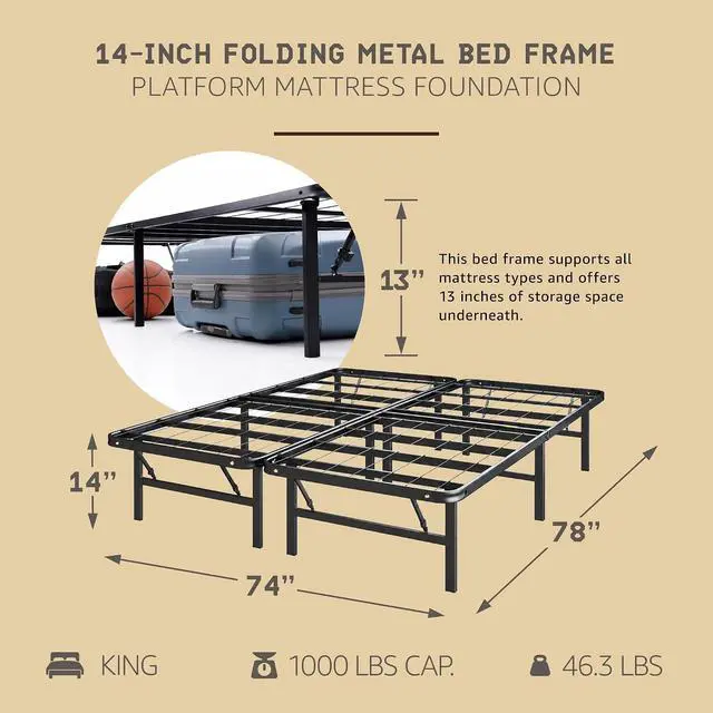 Alt view image 3 of 7 - Hercules Folding Metal Bed Frame, 14 Inch Platform Foundation, King Size | Mattress Foundation Support for King Bed
