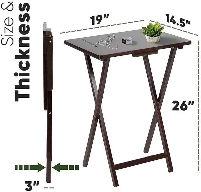 Alt view image 3 of 7 - PJ Wood - Folding TV Tray Set of 2 - Espresso Wood Tables | Solid Rubberwood, 25 lb Capacity, 19.09 x 14.57 in Top, 25.98 in Height, 3 in Thick When Closed, Pre Assembled, Indoor Use