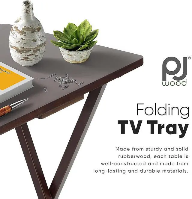 Alt view image 4 of 7 - PJ Wood - Folding TV Tray Set of 2 - Espresso Wood Tables | Solid Rubberwood, 25 lb Capacity, 19.09 x 14.57 in Top, 25.98 in Height, 3 in Thick When Closed, Pre Assembled, Indoor Use