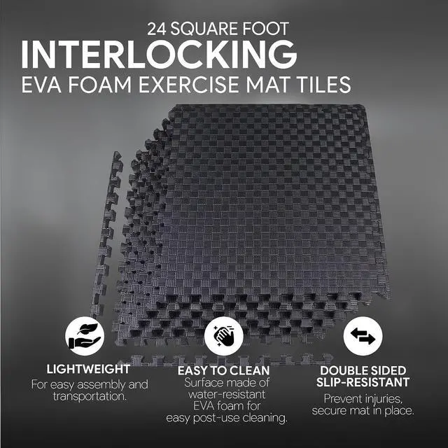 Alt view image 3 of 6 - BalanceFrom Puzzle Exercise Mat 1" Thick, EVA Interlocking Foam Floor | Tiles for Home Gym, Mat for Home Workout Equipment, Floor Padding for Kids, Black, 24 in x 24 in x 1 in, 24 Sq Ft - 6 Tiles