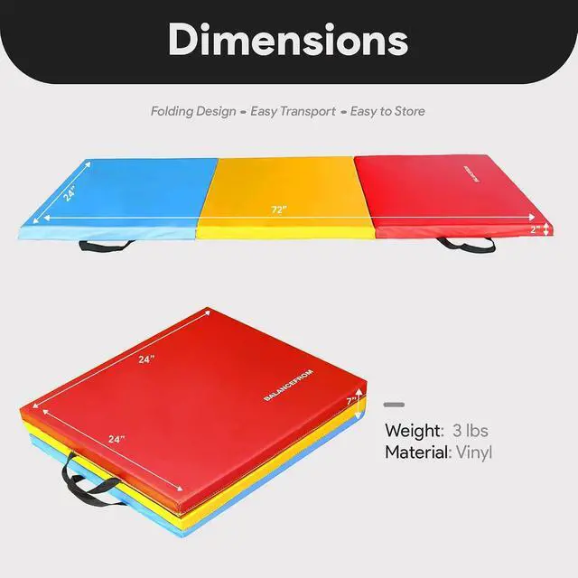 Alt view image 2 of 7 - BalanceFrom 6x2 Feet 3-Panel Folding Gymnastics Mat 2-Inch Thick Pad with Vinyl Surface and Carrying Handles for Tumbling, Yoga, Pilates, Home Workouts, and Martial Arts