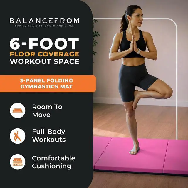 Alt view image 2 of 7 - BalanceFrom 6x2 Feet 3-Panel Folding Gymnastics Mat 2-Inch Thick Pad with Vinyl Surface and Carrying Handles for Tumbling, Yoga, Pilates, Home Workouts, and Martial Arts