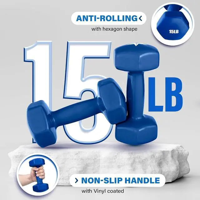 Alt view image 4 of 6 - Yes4All Vinyl Hexagon Dumbbell - Dumbbells Set of 2 Hand Weights for Home Gym & Strength Training (2-15 lbs Weight Options)