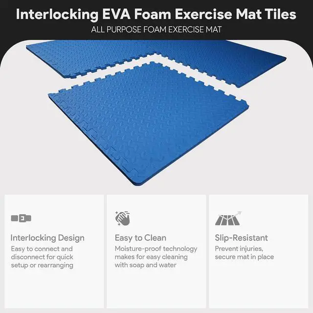Alt view image 3 of 7 - BalanceFrom Puzzle Exercise Mat 3/4" Thick, EVA Interlocking Foam Floor | Tiles for Home Gym, Mat for Home Workout Equipment, Floor Padding for Kids, Blue, 24 in x 24 in x 3/4 in, 24 Sq Ft - 6 Tiles
