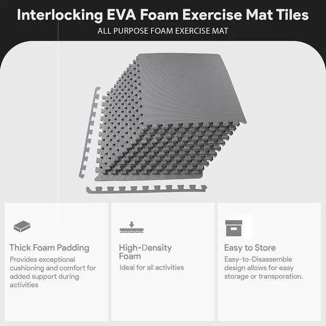 Alt view image 2 of 7 - BalanceFrom Puzzle Exercise Mat 1/2-inch Thick, EVA Interlocking Foam Floor | Tiles for Home Gym, Studio, or Playroom Flooring, Gray, 24 in x 24 in x 1/2 in, 48 Sq Ft - 12 Tiles