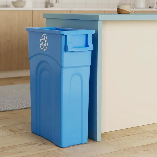 Alt view image 2 of 7 - United Solutions Highboy Recycling Bin, 23 Gallon, Space Saving Slim Profile and Simple Bag Removal, Indoor or Outdoor Use, Integrated Handles for Easy Carrying, 4-Pack, Plastic, Recycle Blue