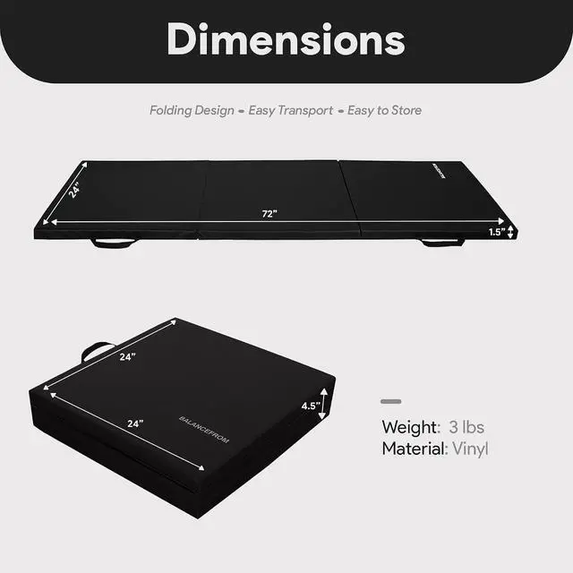 Alt view image 3 of 7 - BalanceFrom 6x2 Feet 3-Panel Folding Gymnastics Mat 1.5-Inch Thick Pad with Vinyl Surface and Carrying Handles for Tumbling, Yoga, Pilates, Home Workouts, and Martial Arts
