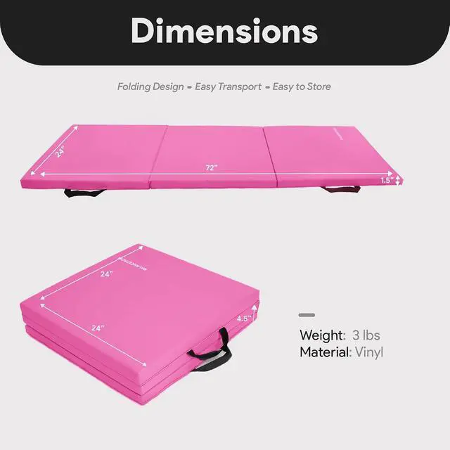 Alt view image 3 of 7 - BalanceFrom 6x2 Feet 3-Panel Folding Gymnastics Mat 1.5-Inch Thick Pad with Vinyl Surface and Carrying Handles for Tumbling, Yoga, Pilates, Home Workouts, and Martial Arts
