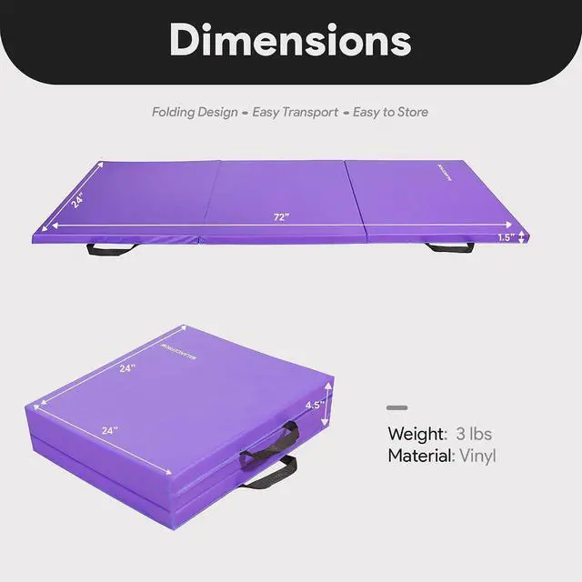 Alt view image 3 of 7 - BalanceFrom 6x2 Feet 3-Panel Folding Gymnastics Mat 1.5-Inch Thick Pad with Vinyl Surface and Carrying Handles for Tumbling, Yoga, Pilates, Home Workouts, and Martial Arts