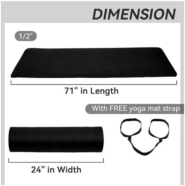 Alt view image 2 of 7 - Fitvids Yoga Mat, 1/2-Inch Extra Thick High Density Exercise Mat, Anti-Tear Exercise Yoga Mat with Carrying Strap, Suitable for Various Yoga Exercises