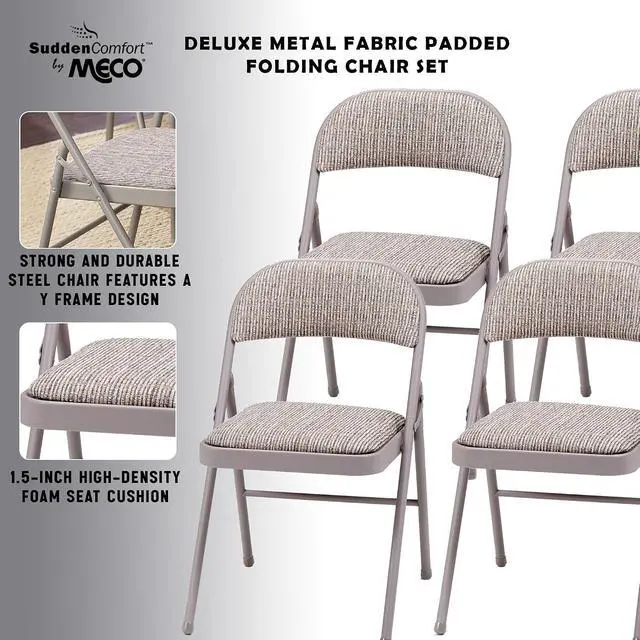 Alt view image 4 of 7 - Sudden Comfort Steel Frame Folding Dining & Event Chairs, Beige, 4 Pack | Folding Chair Set with Chicory Lace Motif Upholstery, Cushioned Seat & Padded Back for Kitchen or Parties