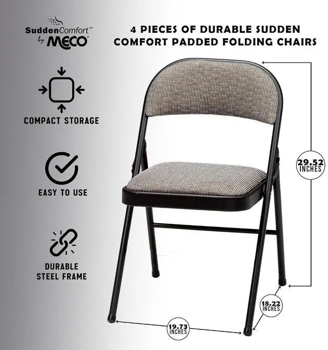 Alt view image 3 of 7 - Sudden Comfort Deluxe Portable Padded Foldable Chairs, Lightweight and Cushioned Metal Fabric Folding Chair, Black - Compact and Collapsible Furniture for Indoor and Outdoor Use (Set of 4)
