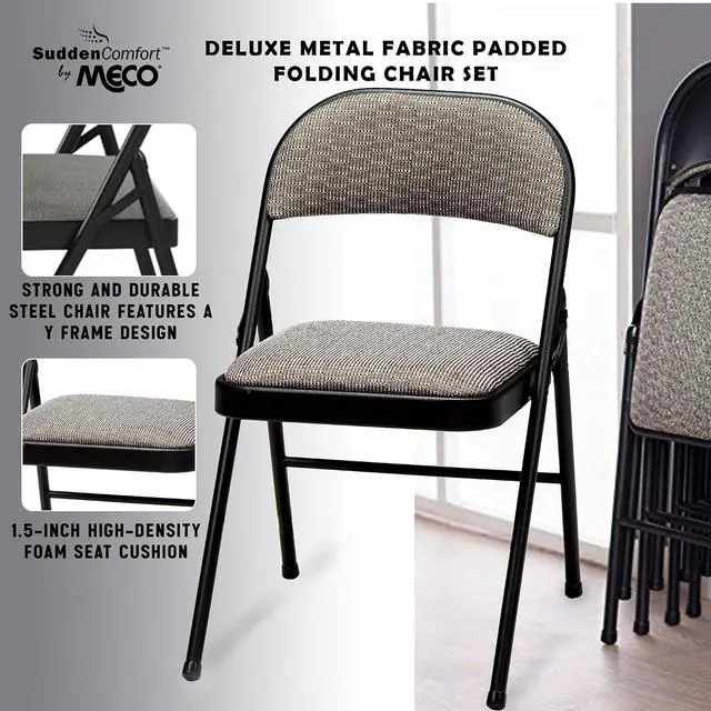 Alt view image 5 of 7 - Sudden Comfort Deluxe Portable Padded Foldable Chairs, Lightweight and Cushioned Metal Fabric Folding Chair, Black - Compact and Collapsible Furniture for Indoor and Outdoor Use (Set of 4)