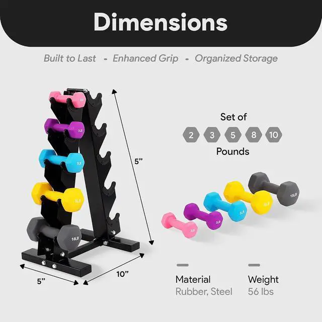 Alt view image 2 of 7 - BalanceFrom Neoprene Coated Iron Dumbbell Hex Weights Set with Stand Color-Coded or Black Options with Non-Slip Grip for Strength Training, Resistance Workouts, and Home Gym Fitness