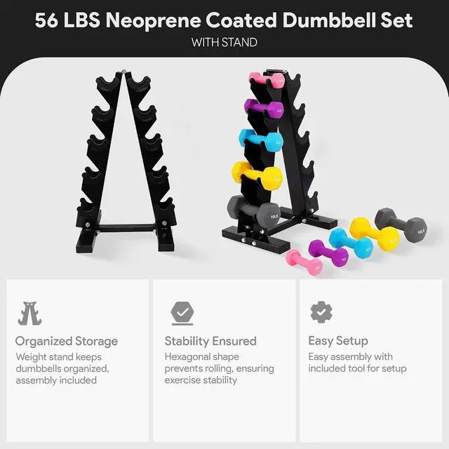 Alt view image 4 of 7 - BalanceFrom Neoprene Coated Iron Dumbbell Hex Weights Set with Stand Color-Coded or Black Options with Non-Slip Grip for Strength Training, Resistance Workouts, and Home Gym Fitness