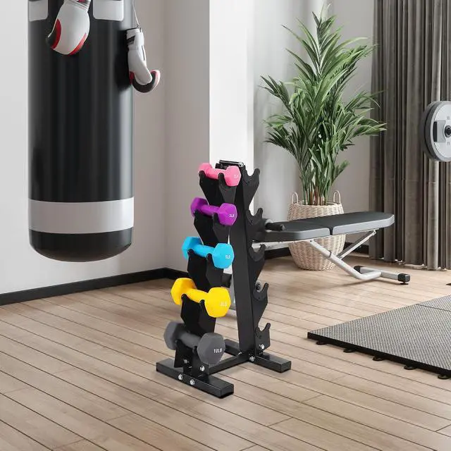Alt view image 6 of 7 - BalanceFrom Neoprene Coated Iron Dumbbell Hex Weights Set with Stand Color-Coded or Black Options with Non-Slip Grip for Strength Training, Resistance Workouts, and Home Gym Fitness