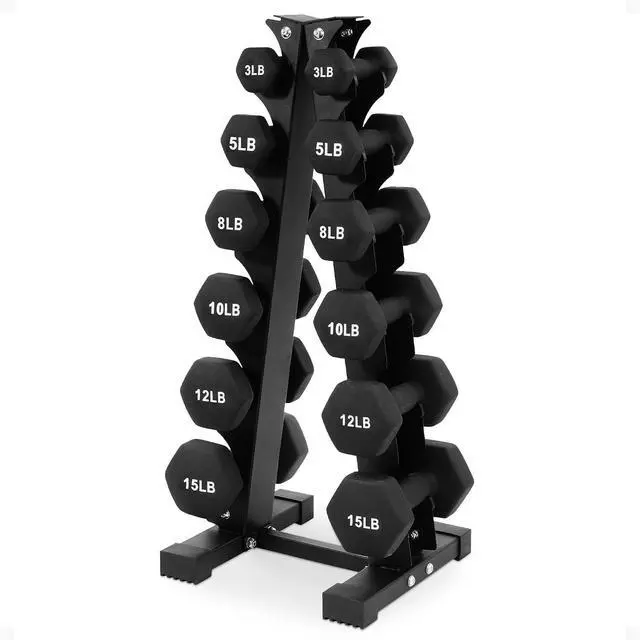Main image of BalanceFrom Neoprene Coated Iron Dumbbell Hex Weights Set with Stand Color-Coded or Black Options with Non-Slip Grip for Strength Training, Resistance Workouts, and Home Gym Fitness