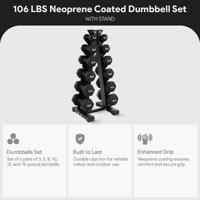 Alt view image 3 of 7 - BalanceFrom Neoprene Coated Iron Dumbbell Hex Weights Set with Stand Color-Coded or Black Options with Non-Slip Grip for Strength Training, Resistance Workouts, and Home Gym Fitness