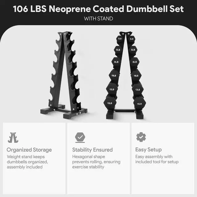 Alt view image 4 of 7 - BalanceFrom Neoprene Coated Iron Dumbbell Hex Weights Set with Stand Color-Coded or Black Options with Non-Slip Grip for Strength Training, Resistance Workouts, and Home Gym Fitness
