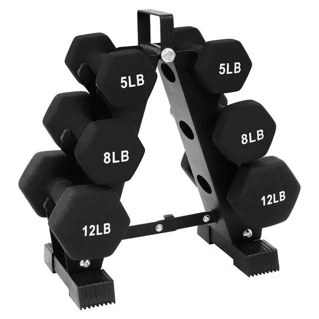 Main image of BalanceFrom Neoprene Coated Iron Dumbbell Hex Weights Set with Stand Color-Coded or Black Options with Non-Slip Grip for Strength Training, Resistance Workouts, and Home Gym Fitness