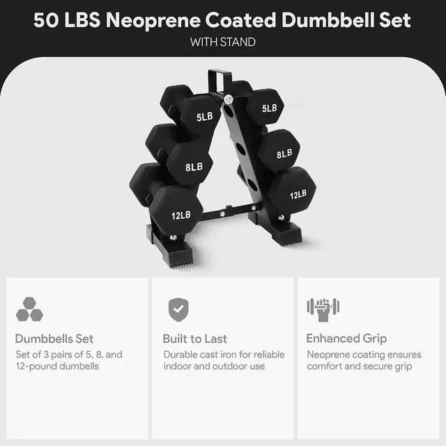 Alt view image 3 of 7 - BalanceFrom Neoprene Coated Iron Dumbbell Hex Weights Set with Stand Color-Coded or Black Options with Non-Slip Grip for Strength Training, Resistance Workouts, and Home Gym Fitness