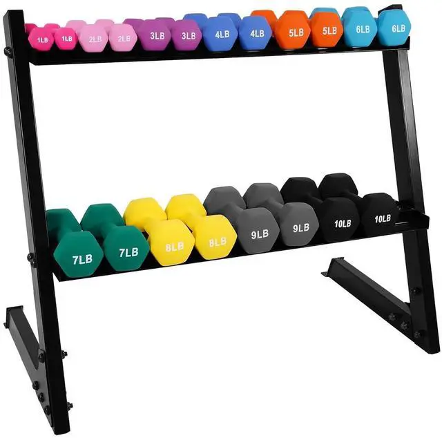 Main image of BalanceFrom Neoprene Coated Iron Dumbbell Hex Weights Set with Stand Color-Coded or Black Options with Non-Slip Grip for Strength Training, Resistance Workouts, and Home Gym Fitness