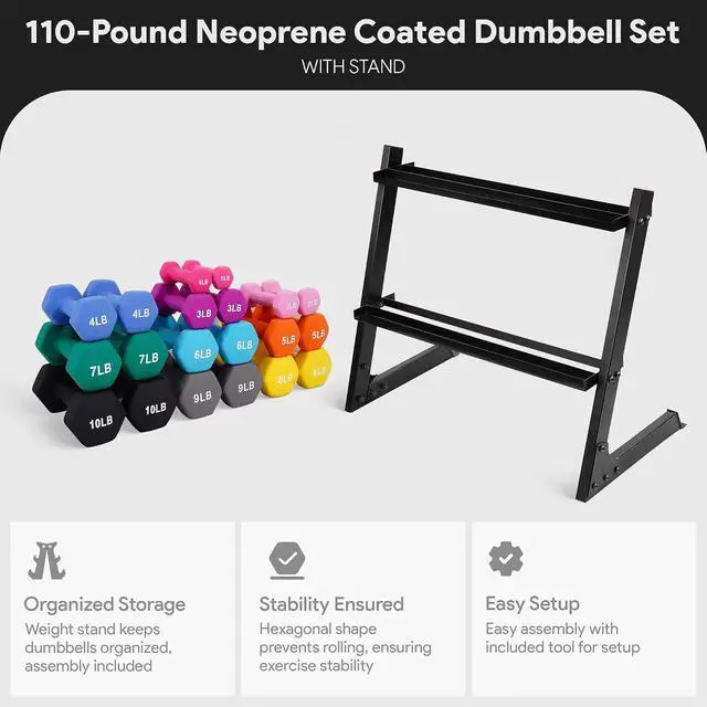 Alt view image 3 of 7 - BalanceFrom Neoprene Coated Iron Dumbbell Hex Weights Set with Stand Color-Coded or Black Options with Non-Slip Grip for Strength Training, Resistance Workouts, and Home Gym Fitness
