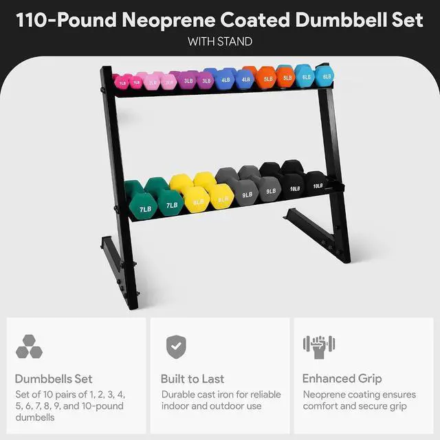 Alt view image 4 of 7 - BalanceFrom Neoprene Coated Iron Dumbbell Hex Weights Set with Stand Color-Coded or Black Options with Non-Slip Grip for Strength Training, Resistance Workouts, and Home Gym Fitness