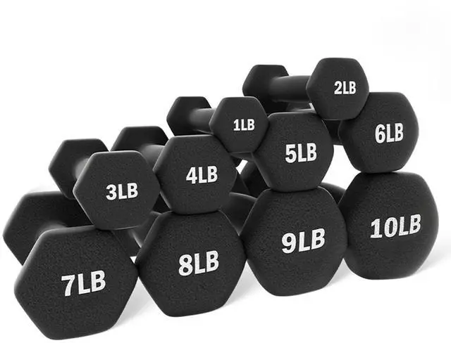 Alt view image 7 of 7 - BalanceFrom Neoprene Coated Iron Dumbbell Hex Weights Set with Stand Color-Coded or Black Options with Non-Slip Grip for Strength Training, Resistance Workouts, and Home Gym Fitness