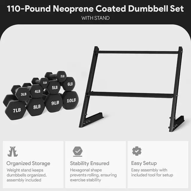 Alt view image 4 of 7 - BalanceFrom Neoprene Coated Iron Dumbbell Hex Weights Set with Stand Color-Coded or Black Options with Non-Slip Grip for Strength Training, Resistance Workouts, and Home Gym Fitness