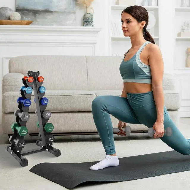 Alt view image 7 of 7 - HolaHatha 1, 2 and 3 lb Neoprene Dumbbell Strength Training Weight Set with Rack