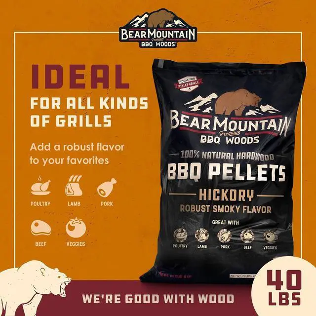 Alt view image 2 of 7 - Bear Mountain Hickory Wood Pellets for Smoker and Grill, 40lb Bag | Works in All Pellet Grills, Pure 100% Hardwood - No Fillers or Oils - Delivers Low Ash & Rich, Authentic Smoke Flavor