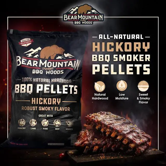 Alt view image 3 of 7 - Bear Mountain Hickory Wood Pellets for Smoker and Grill, 40lb Bag | Works in All Pellet Grills, Pure 100% Hardwood - No Fillers or Oils - Delivers Low Ash & Rich, Authentic Smoke Flavor