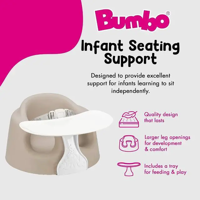 Alt view image 2 of 7 - Bumbo Baby Soft Foam Floor Seat Plus+ with Tray, 3 to 12 Months, Taupe | Comfortable Support w/Extra Leg Room Design & 3pt Adjustable Harness - Includes Tray for Infant Feeding & Play, Easy to Clean