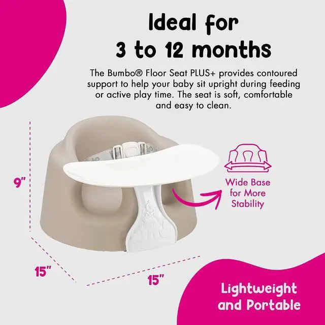 Alt view image 3 of 7 - Bumbo Baby Soft Foam Floor Seat Plus+ with Tray, 3 to 12 Months, Taupe | Comfortable Support w/Extra Leg Room Design & 3pt Adjustable Harness - Includes Tray for Infant Feeding & Play, Easy to Clean
