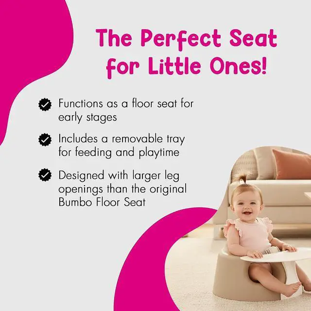 Alt view image 6 of 7 - Bumbo Baby Soft Foam Floor Seat Plus+ with Tray, 3 to 12 Months, Taupe | Comfortable Support w/Extra Leg Room Design & 3pt Adjustable Harness - Includes Tray for Infant Feeding & Play, Easy to Clean