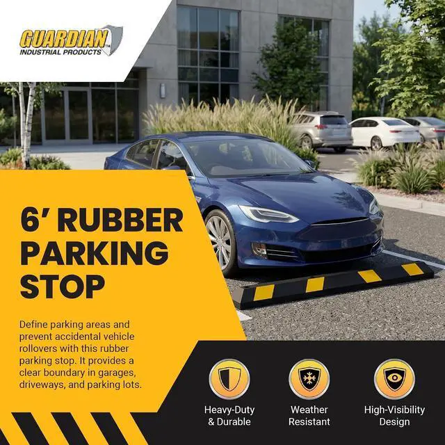 Alt view image 2 of 7 - Guardian 6ft Parking Stop, Rubber Curb with Mounting Holes, Black/Yellow | Highly Visible Rubber Wheel Stopper for Car and Passenger Safety at Job Sites, Driveways, Parking Lots & Garages