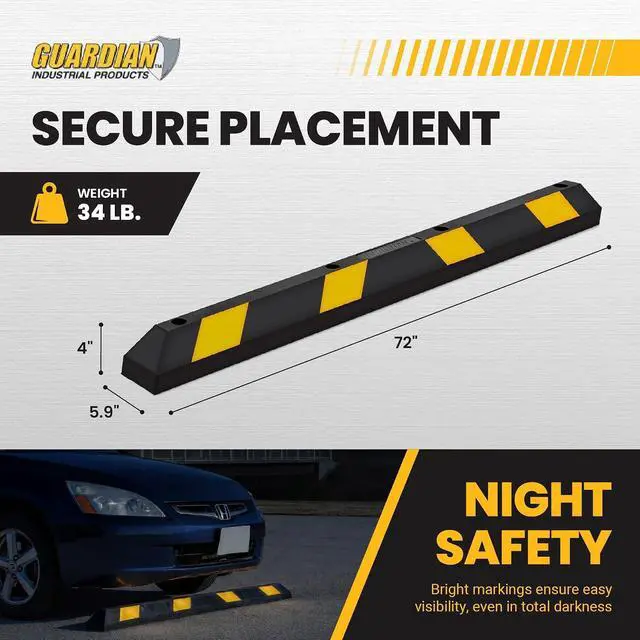 Alt view image 3 of 7 - Guardian 6ft Parking Stop, Rubber Curb with Mounting Holes, Black/Yellow | Highly Visible Rubber Wheel Stopper for Car and Passenger Safety at Job Sites, Driveways, Parking Lots & Garages