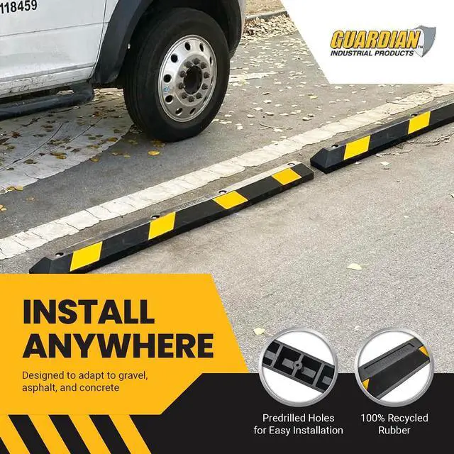 Alt view image 4 of 7 - Guardian 6ft Parking Stop, Rubber Curb with Mounting Holes, Black/Yellow | Highly Visible Rubber Wheel Stopper for Car and Passenger Safety at Job Sites, Driveways, Parking Lots & Garages